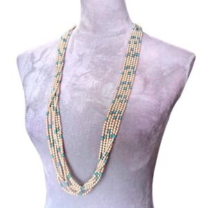 Joan Rivers Multi Strand Faux Pearl Turquoise Bead Necklace Gold Tone  36"